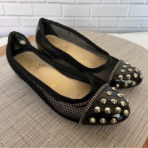 Christian Louboutin Black Patent Leather and Mesh Spike Ballet Flats Size 38 - Picture 2 of 11